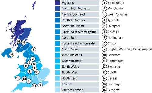 Map showing the 16 regions and 16 urban areas