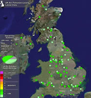 Google Earth screenshot showing the UK national air quality monitoring stations