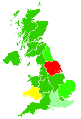 Click on a region for air pollution levels for 25/02/1993