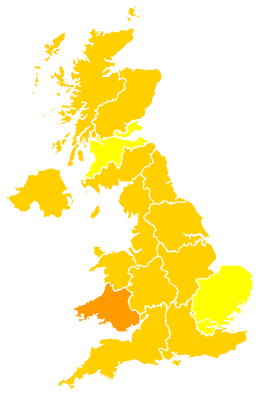 Click on a region for air pollution levels for 25/06/1999