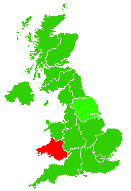 Click on a region for air pollution levels for 25/10/2008