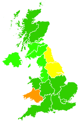 Click on a region for air pollution levels for 27/06/1994