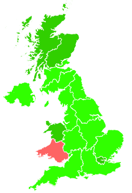 Click on a region for air pollution levels for 30/09/1994